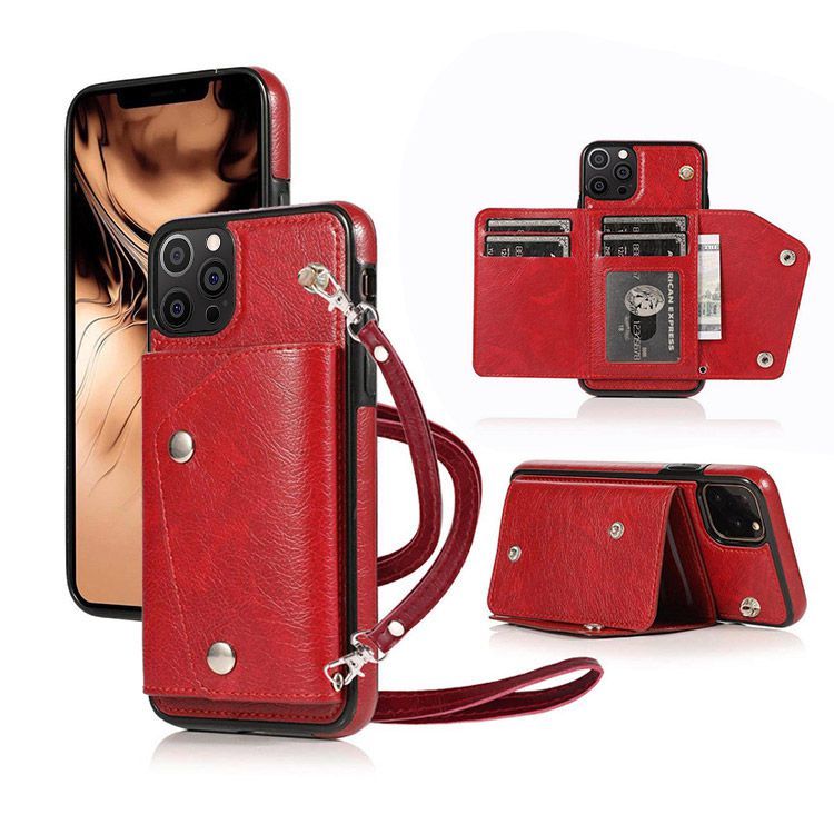 Casebus iPhone 15 Pro Wallet Case with Credit Card Holder - Crossbody Strap - Red - Wallet Case - Classic Square