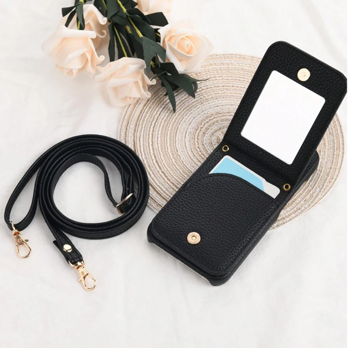 Luxury Makeup Mirror Flip Wallet Case for iPhone 16 15 14 13 12 11 Pro Max Plus with Card Holder, Ring Stand, Crossbody Lanyard & PU Leather Cover