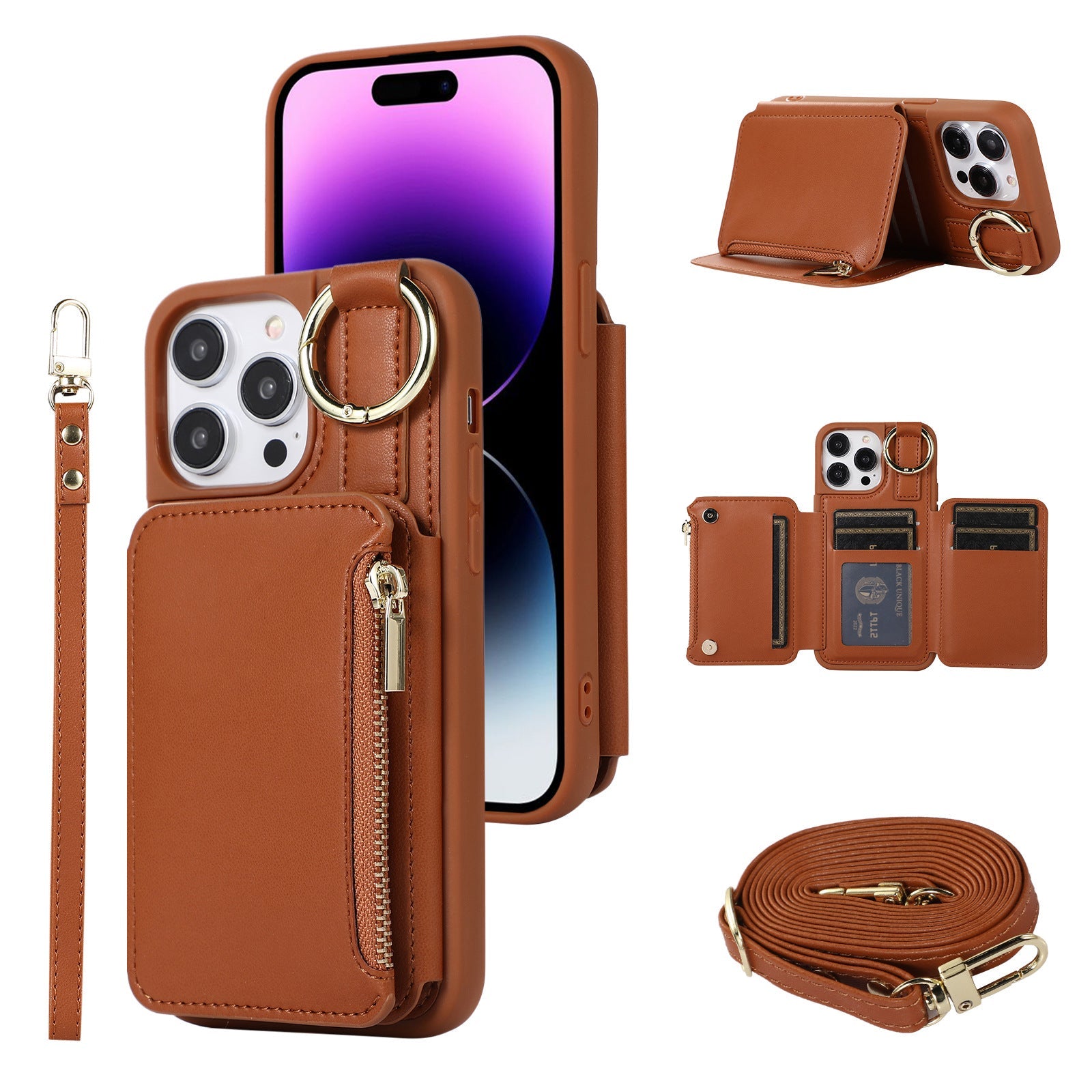 5-Card Slot Zipper Leather Wallet Phone Case for iPhone – Dual Layer, Ring Holder, Crossbody & Anti-Drop Cover with Long & Short Straps