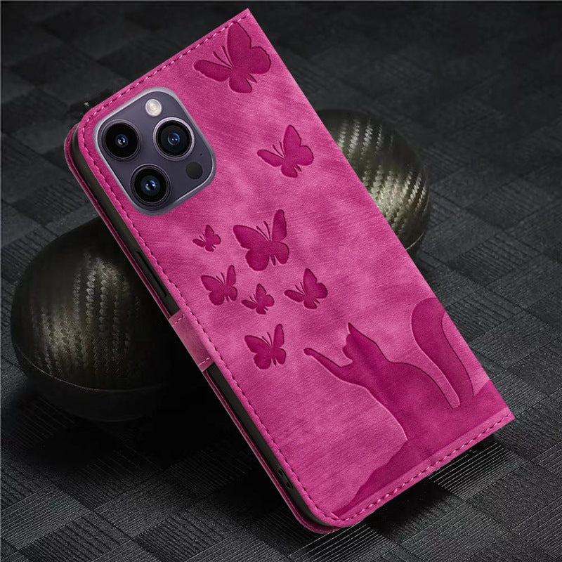 Cute Cat Butterfly Leather Wallet Flip Phone Case for iPhone 16 15 14 13 12 11 Pro Max Plus Mini X XR – Card Holder, Shockproof, Stand, Magnetic Cover