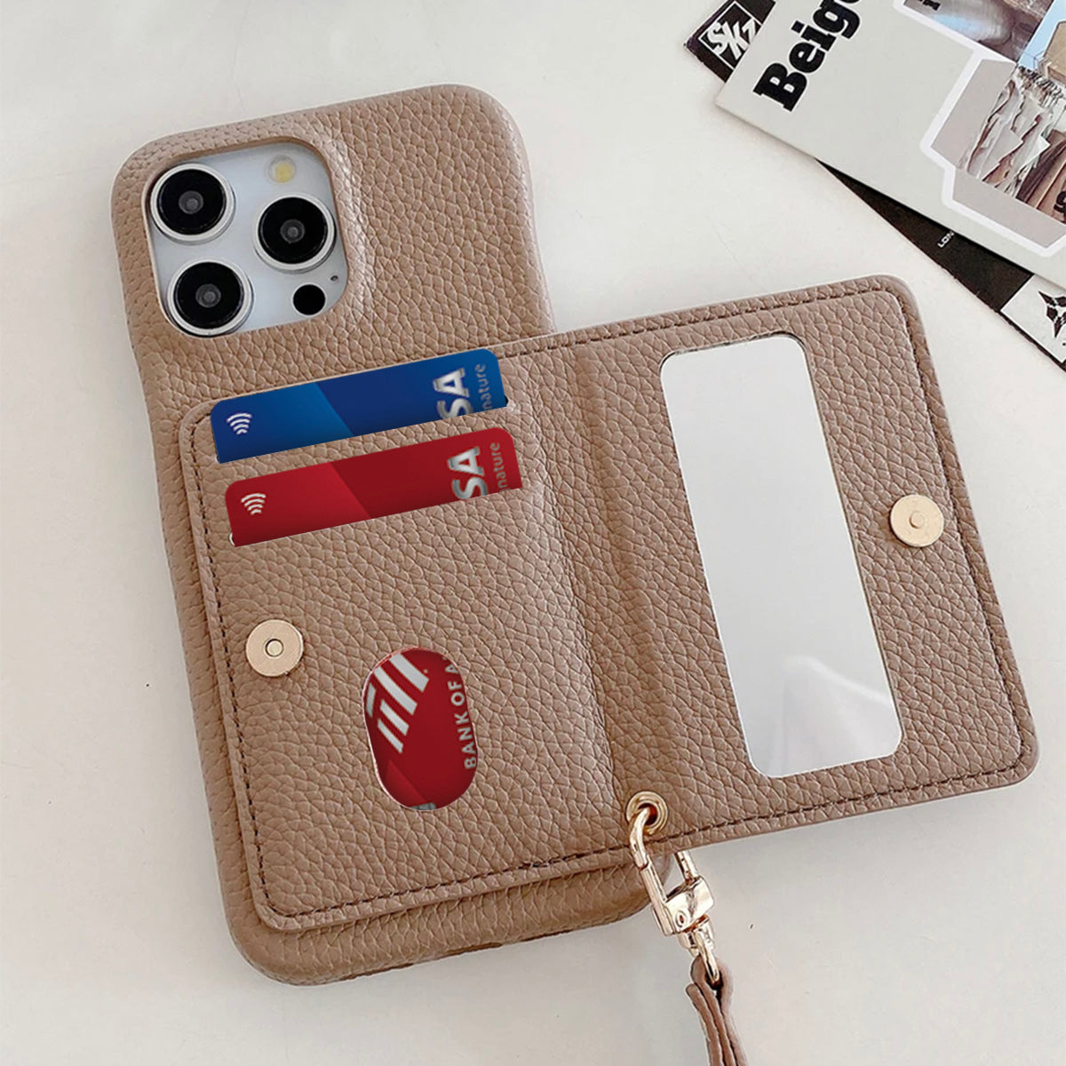 Luxury Lanyard Fold Card Holder PU Leather Case For iPhone Lichee Pattern Mirror Zipper Cover