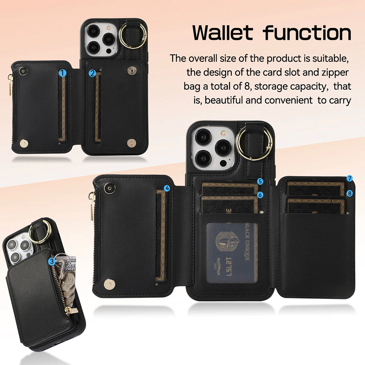 New Fit for iPhone Zipper Multi Card Case Ring Holder Protective Leather Cover