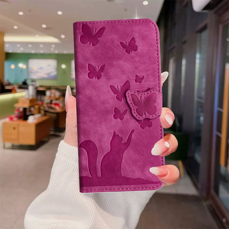 Cute Cat Butterfly Leather Wallet Flip Phone Case for iPhone 16 15 14 13 12 11 Pro Max Plus Mini X XR – Card Holder, Shockproof, Stand, Magnetic Cover