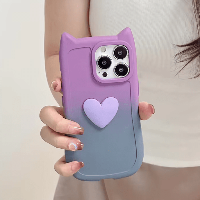 iPhone Case Cute Creative Gradient Cat Ears Heart Love Phone Case for iPhone 15 14 13 12 11 Pro Max Soft TPU Cartoon Protective Back Cover