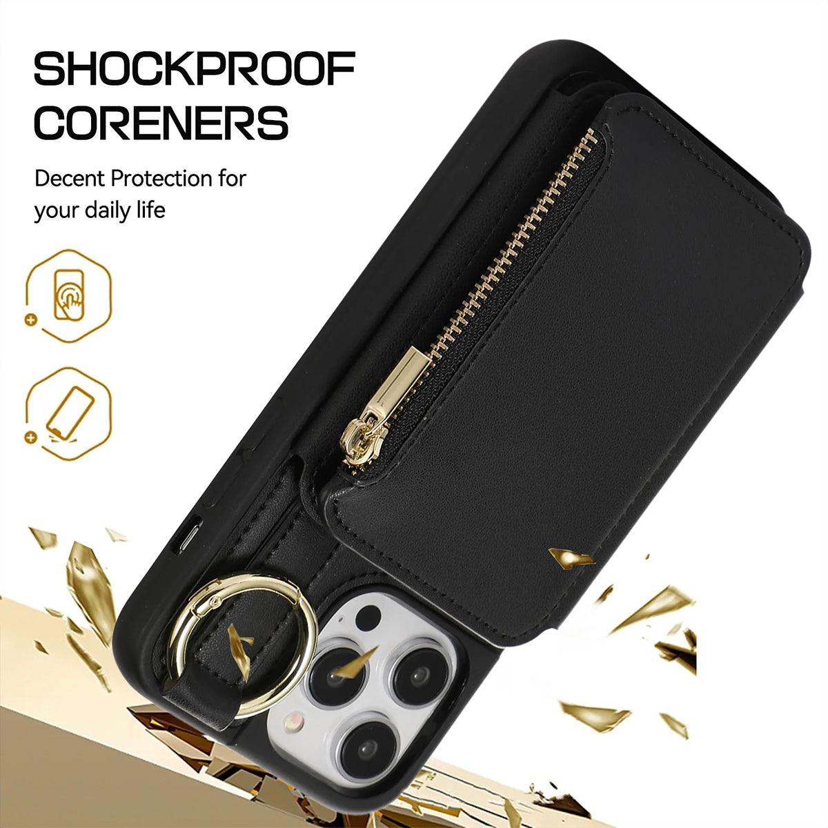 New Fit for iPhone Zipper Multi Card Case Ring Holder Protective Leather Cover