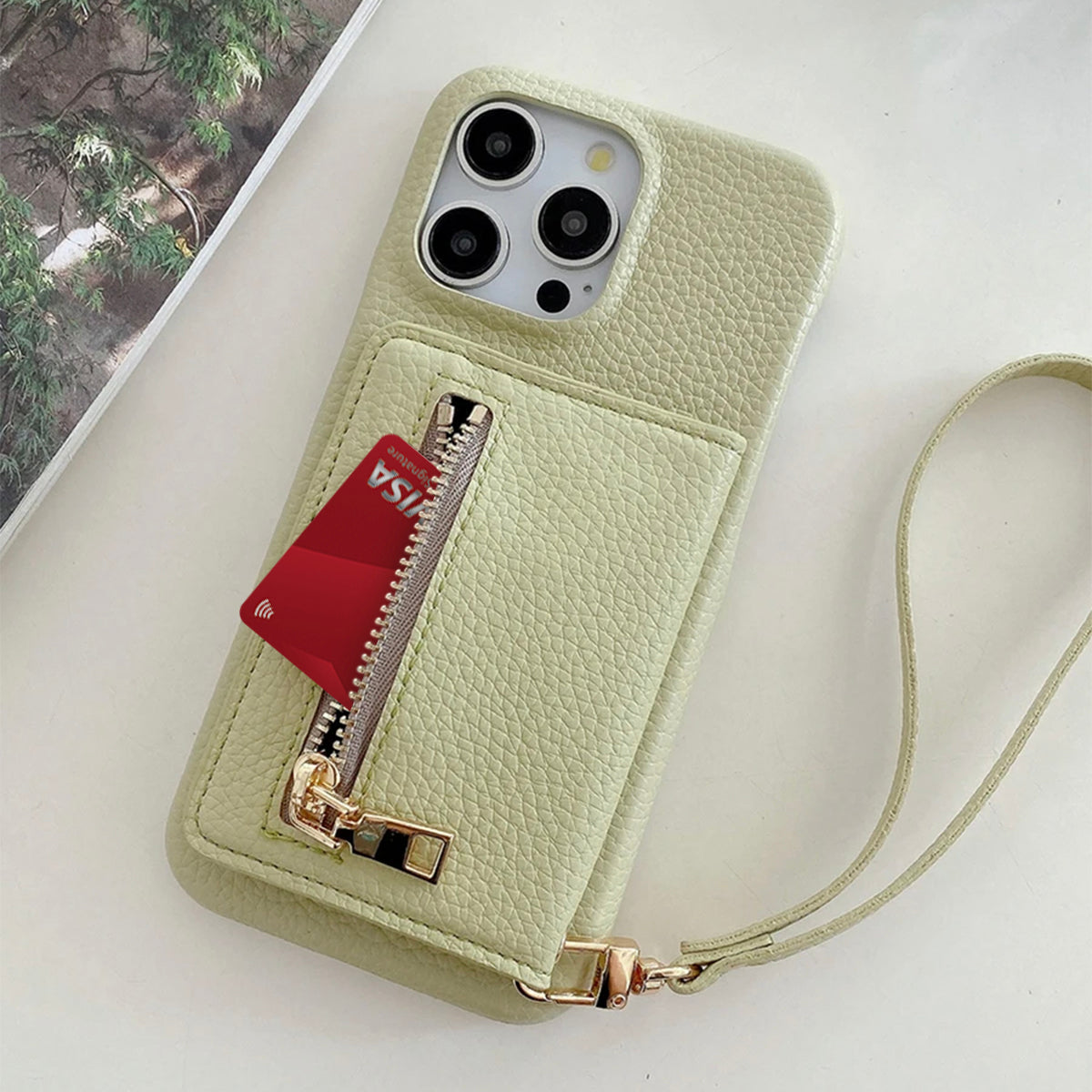 Luxury Lanyard Fold Card Holder PU Leather Case For iPhone Lichee Pattern Mirror Zipper Cover