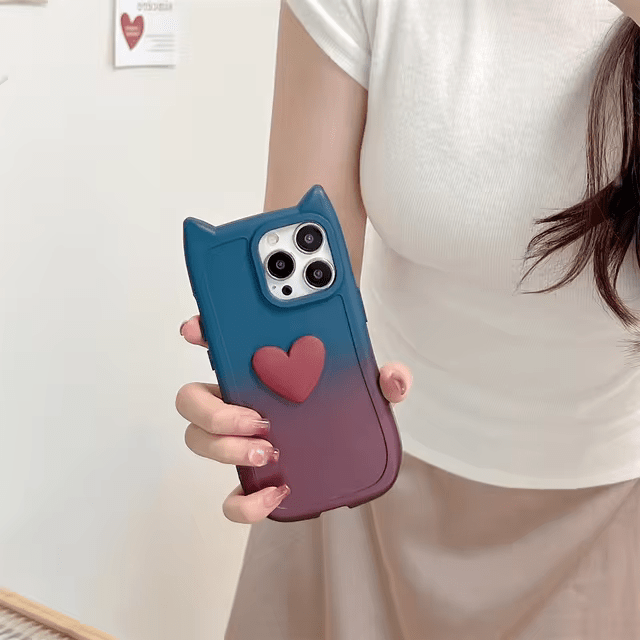 iPhone Case Cute Creative Gradient Cat Ears Heart Love Phone Case for iPhone 15 14 13 12 11 Pro Max Soft TPU Cartoon Protective Back Cover