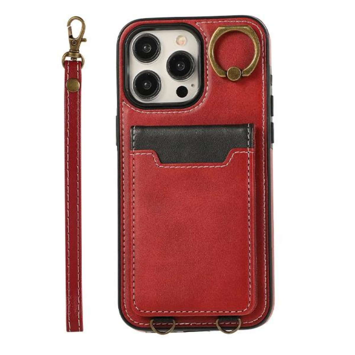 Vertical Cards Solt Ring Holder Leather Wallet Case For iPhone Stand Strap Bag Cover