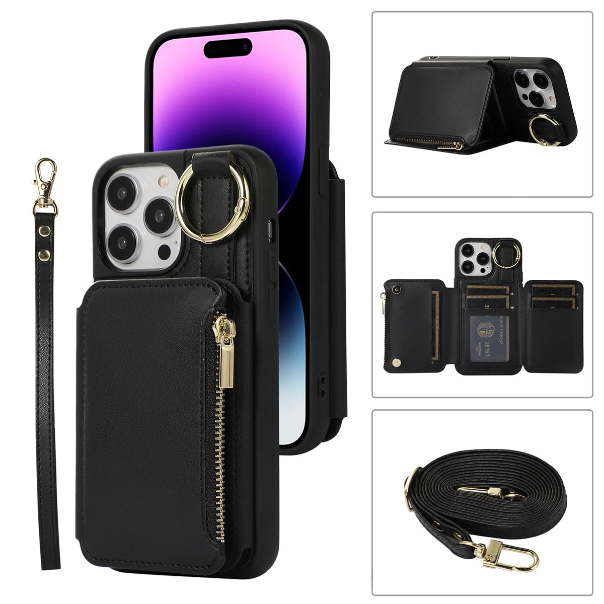 New Fit for iPhone Zipper Multi Card Case Ring Holder Protective Leather Cover