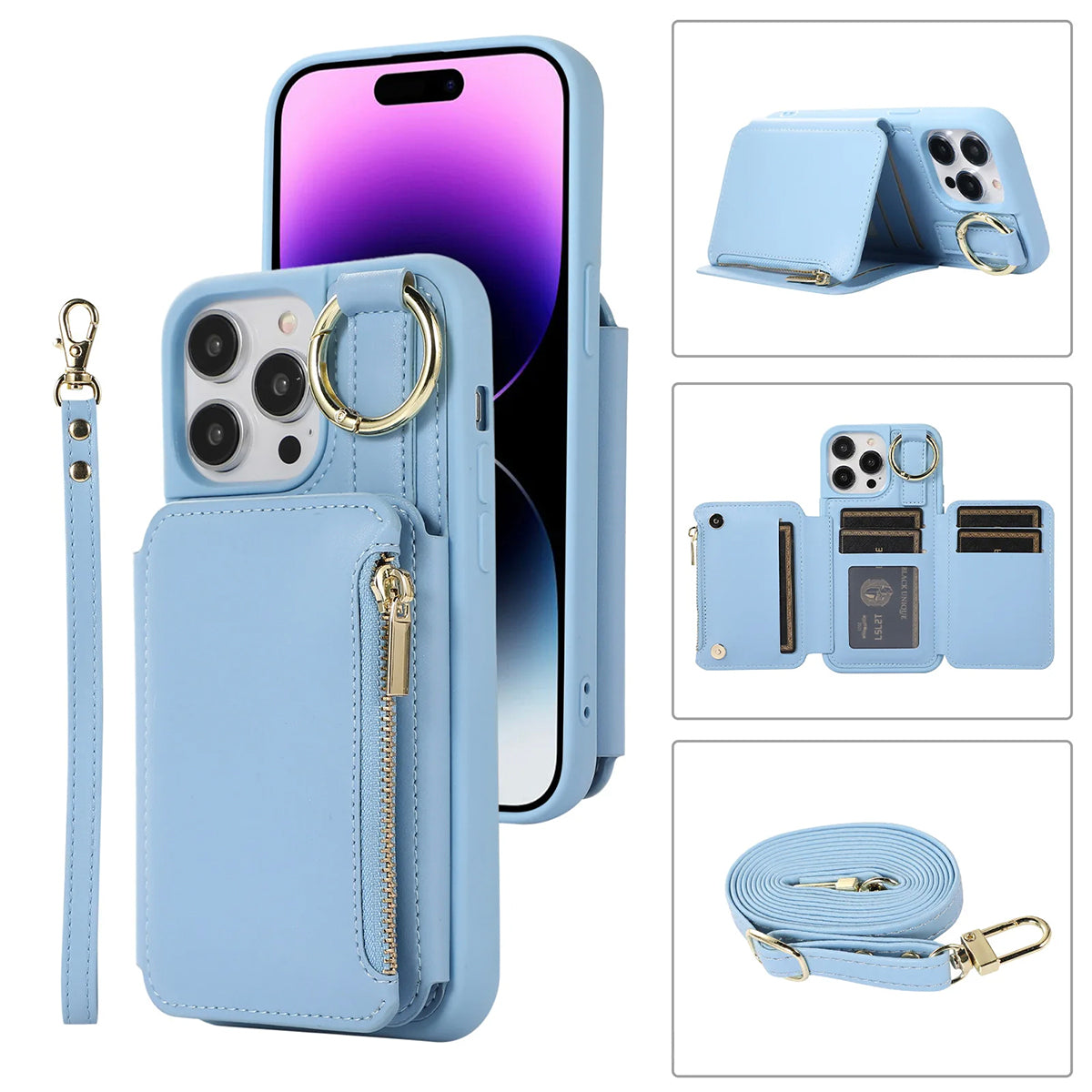 New Fit for iPhone Zipper Multi Card Case Ring Holder Protective Leather Cover