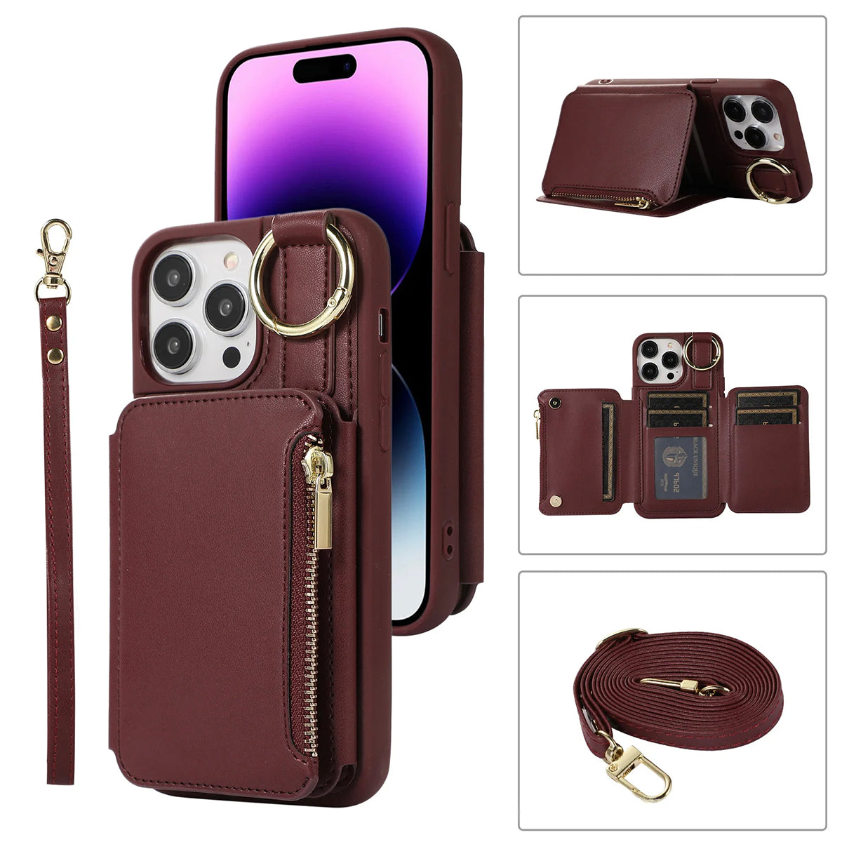 New Fit for iPhone Zipper Multi Card Case Ring Holder Protective Leather Cover