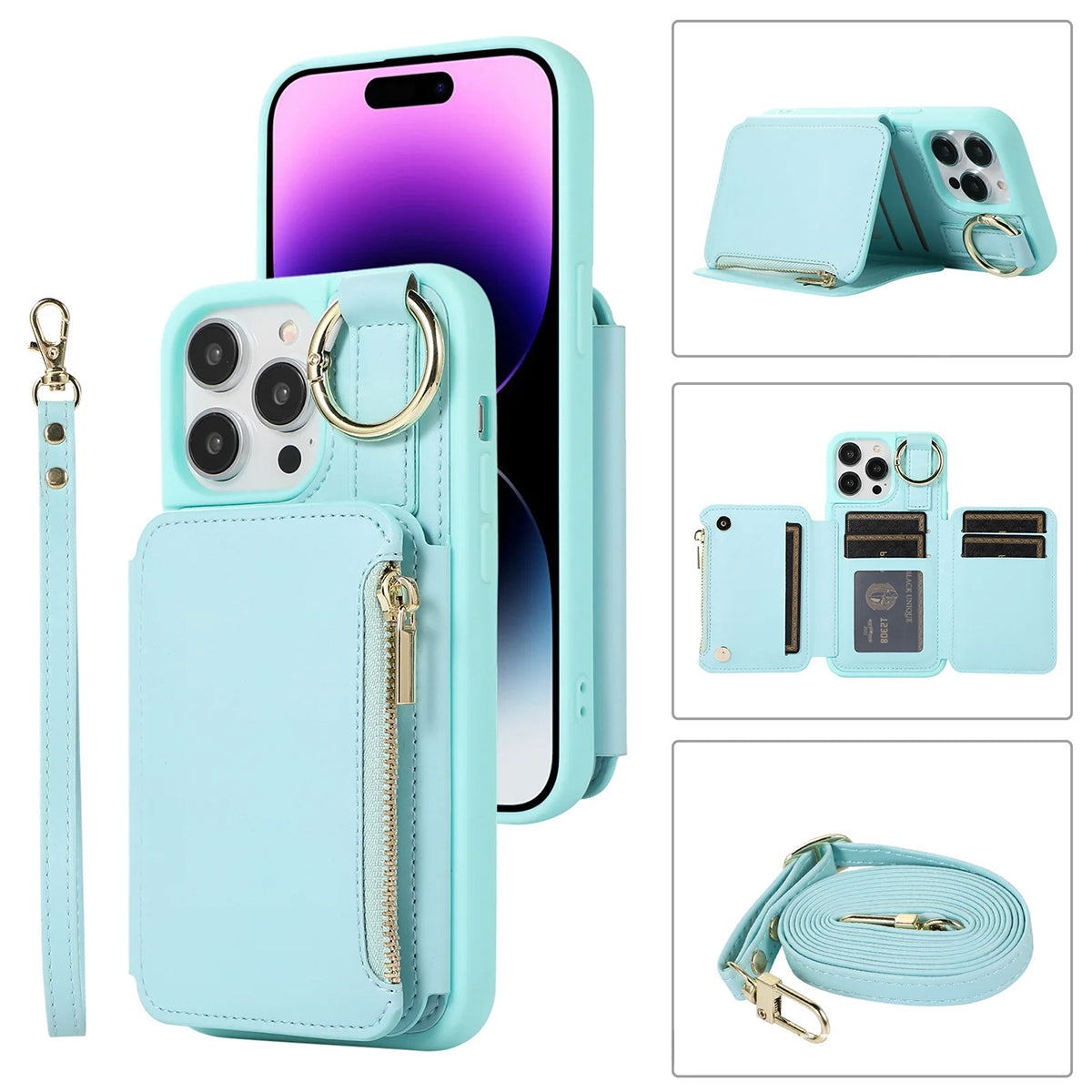 New Fit for iPhone Zipper Multi Card Case Ring Holder Protective Leather Cover