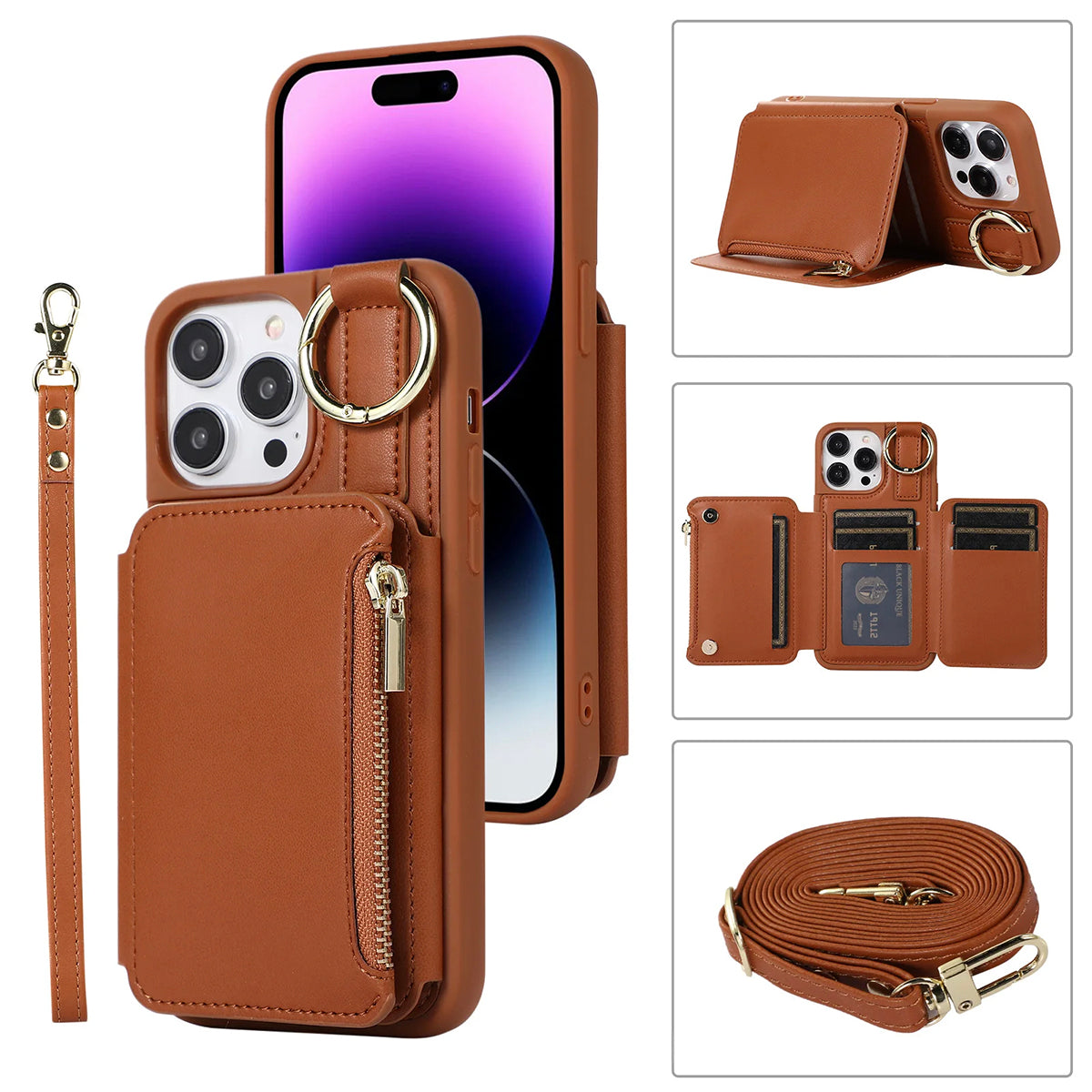 New Fit for iPhone Zipper Multi Card Case Ring Holder Protective Leather Cover