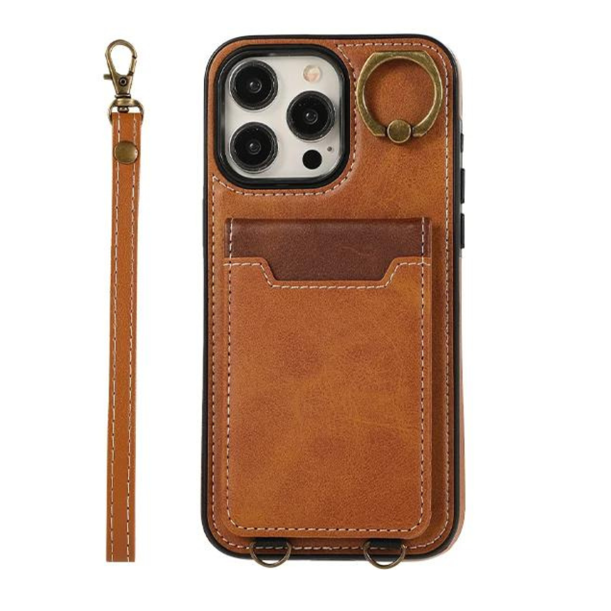 Vertical Cards Solt Ring Holder Leather Wallet Case For iPhone Stand Strap Bag Cover