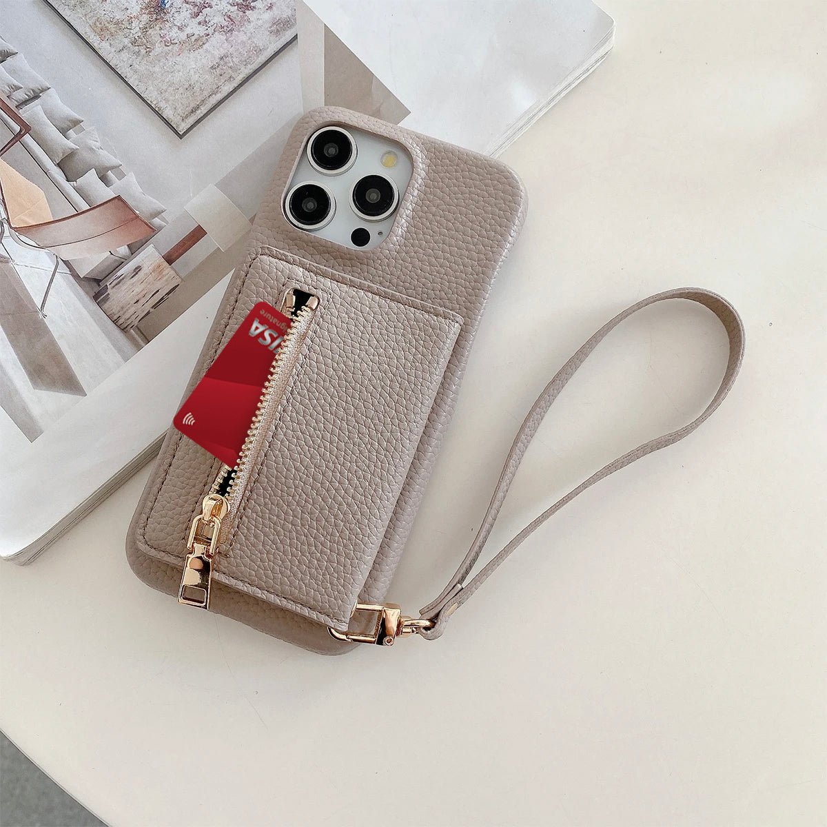 Luxury Lanyard Fold Card Holder PU Leather Case For iPhone Lichee Pattern Mirror Zipper Cover