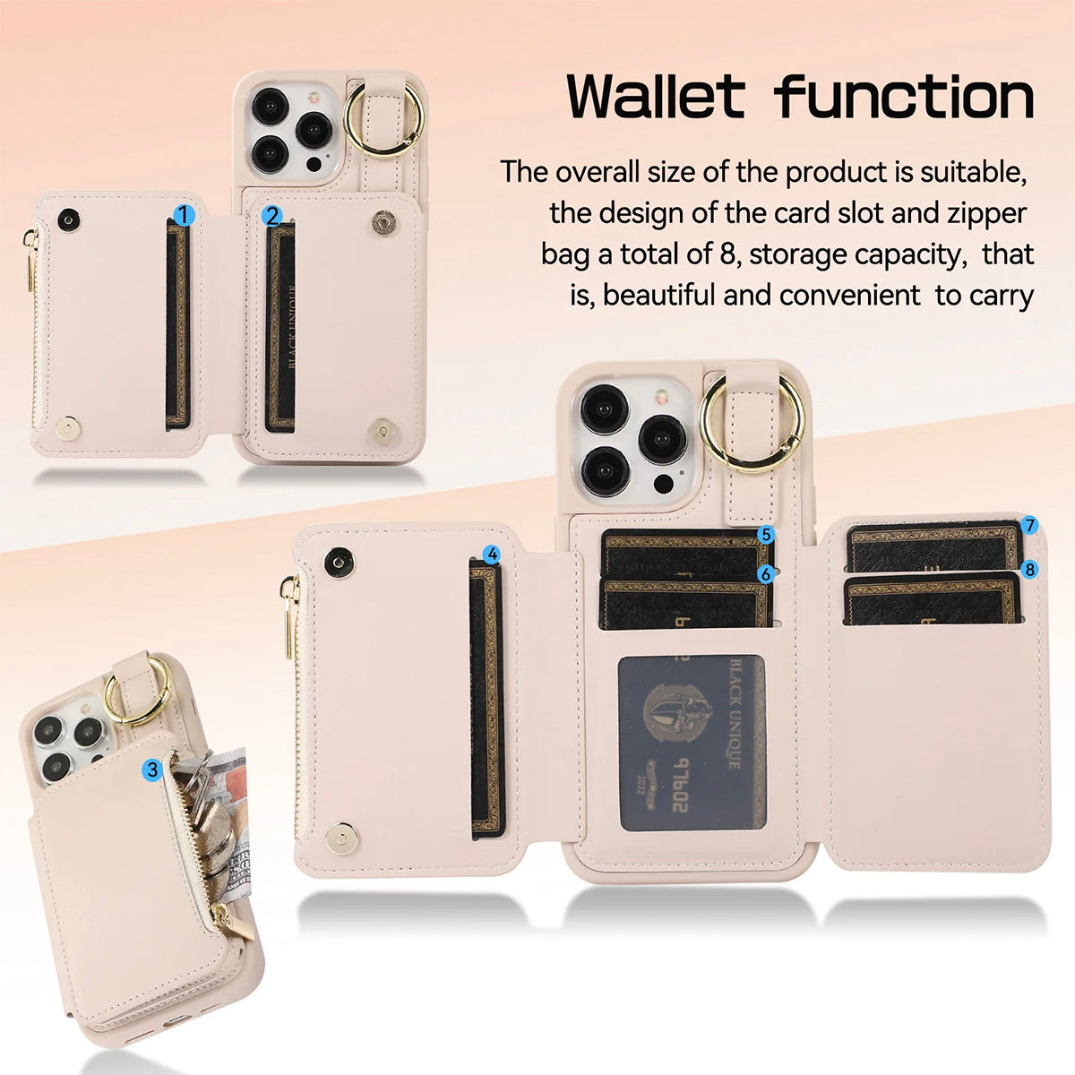 New Fit for iPhone Zipper Multi Card Case Ring Holder Protective Leather Cover