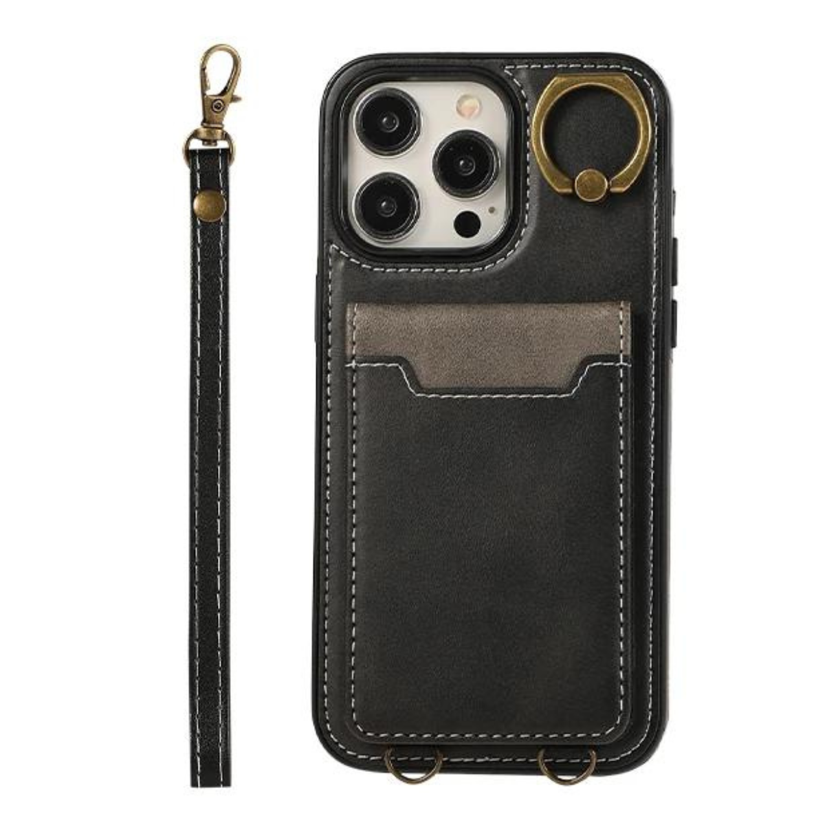 Vertical Cards Solt Ring Holder Leather Wallet Case For iPhone Stand Strap Bag Cover