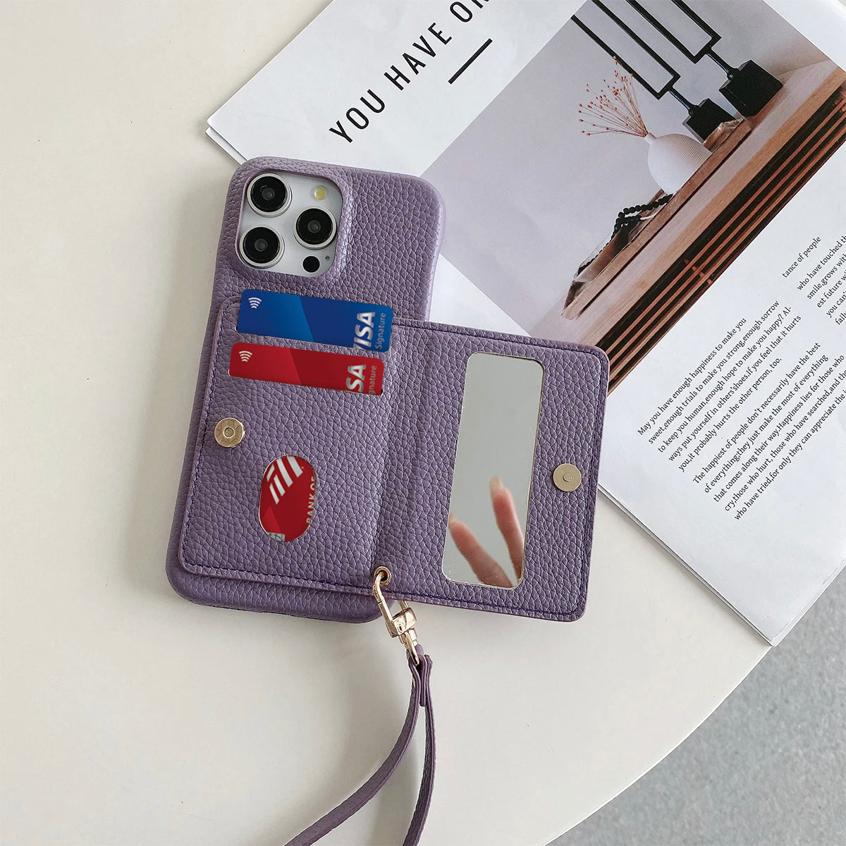 Luxury Lanyard Fold Card Holder PU Leather Case For iPhone Lichee Pattern Mirror Zipper Cover