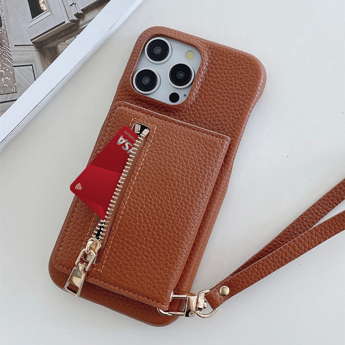 Luxury Lanyard Fold Card Holder PU Leather Case For iPhone Lichee Pattern Mirror Zipper Cover