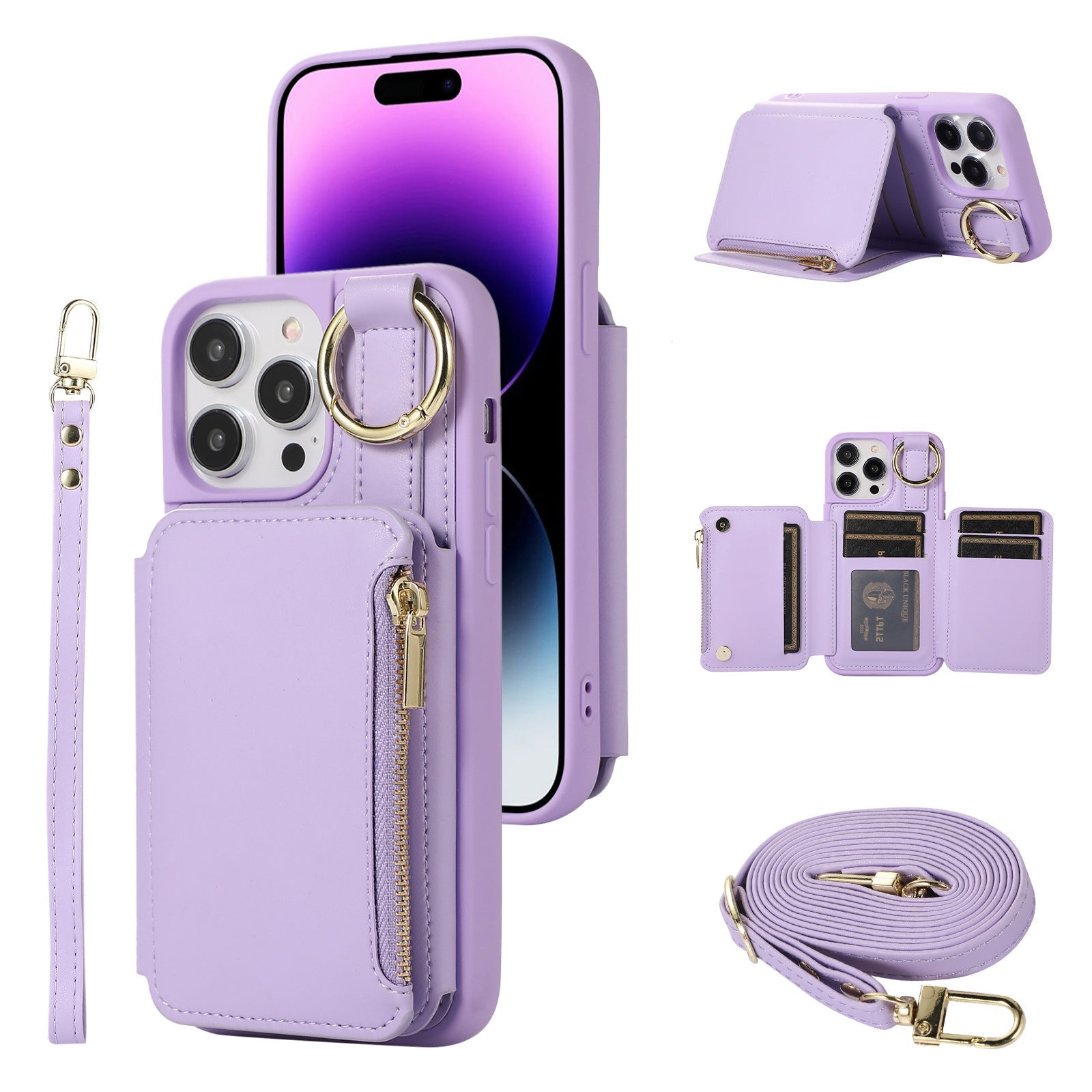 5-Card Slot Zipper Leather Wallet Phone Case for iPhone – Dual Layer, Ring Holder, Crossbody & Anti-Drop Cover with Long & Short Straps