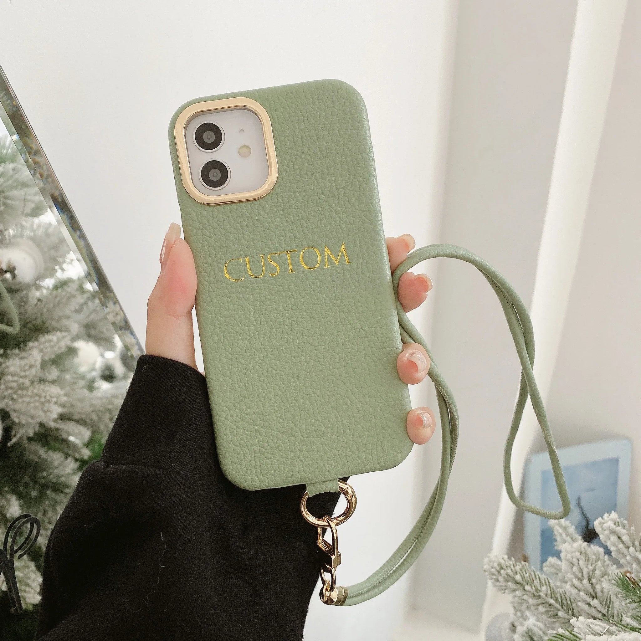 Customized engraved name letter Leather Phone Case for iPhone16 11 12 13 14 15ProMax Protective Crossbody Lanyard Phone Case