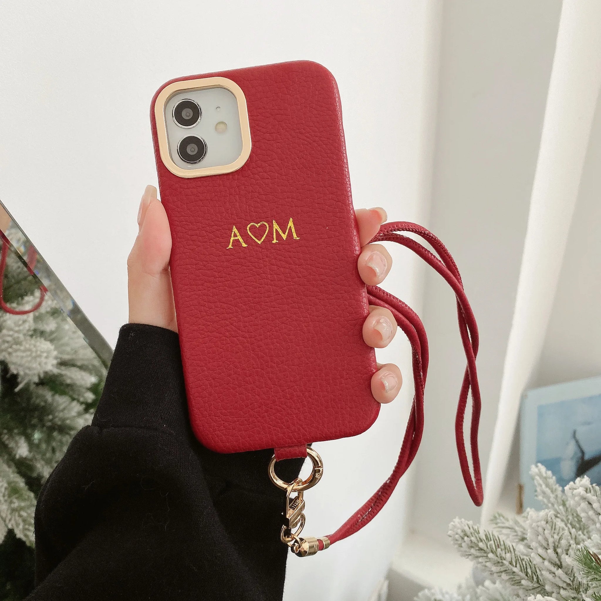 Customized engraved name letter Leather Phone Case for iPhone16 11 12 13 14 15ProMax Protective Crossbody Lanyard Phone Case