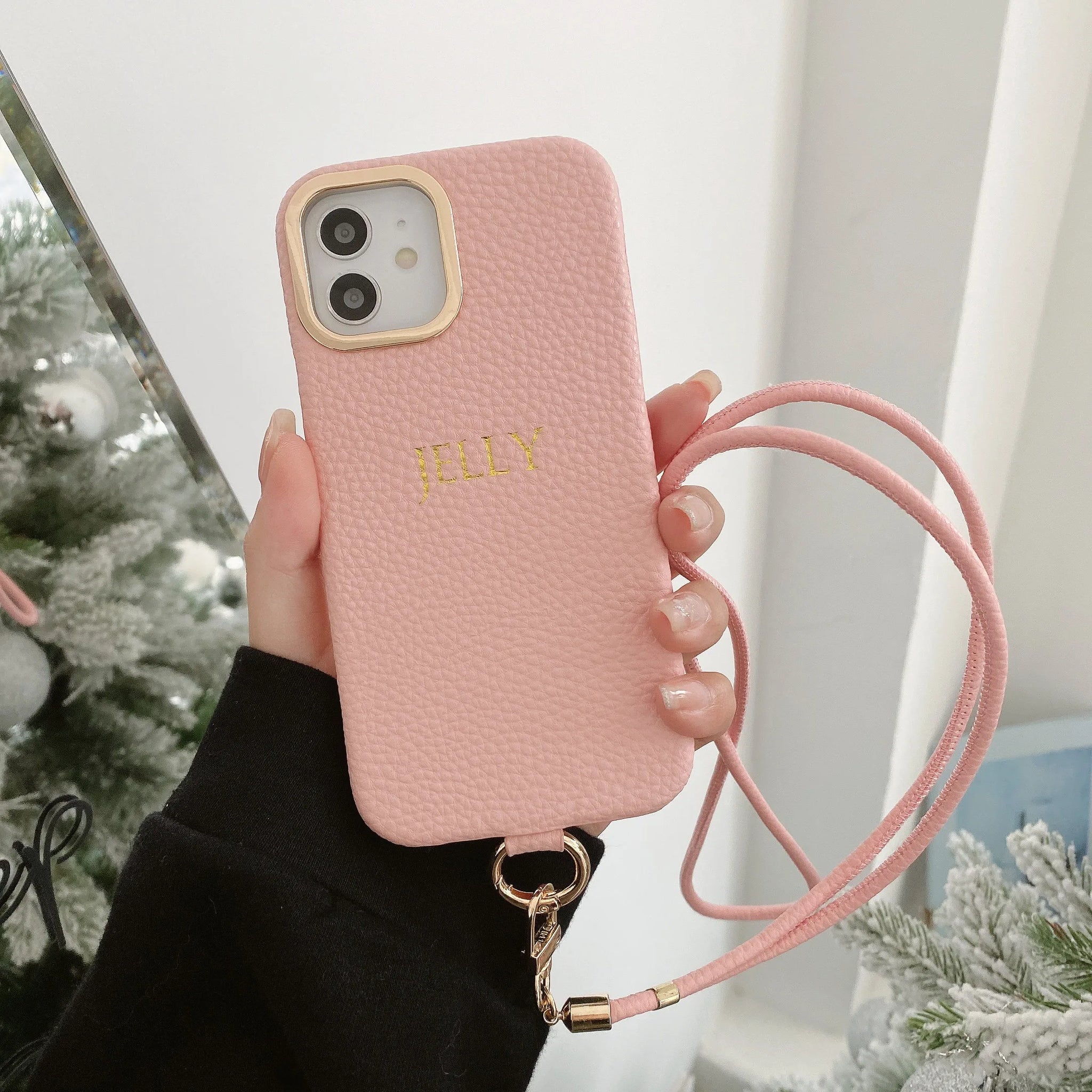 Customized engraved name letter Leather Phone Case for iPhone16 11 12 13 14 15ProMax Protective Crossbody Lanyard Phone Case