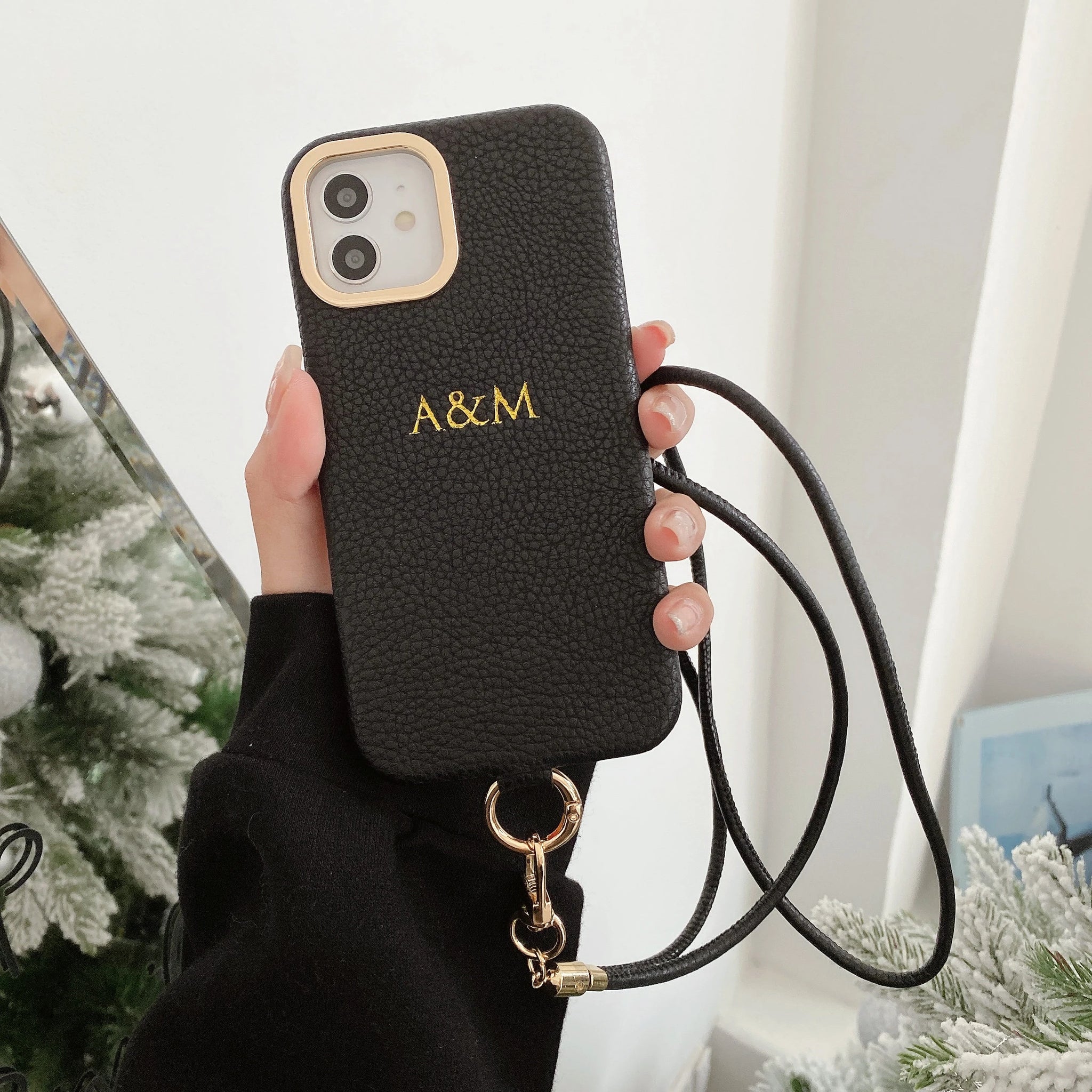 Customized engraved name letter Leather Phone Case for iPhone16 11 12 13 14 15ProMax Protective Crossbody Lanyard Phone Case