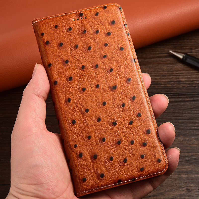 Luxury Genuine Leather Ostrich Texture Flip Case for iPhone 11-16e Series |Top-Grain Leather | High-End Business Wallet Card Slot Holder