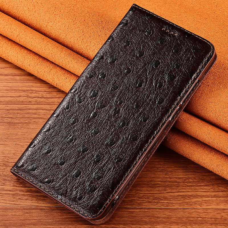 Luxury Genuine Leather Ostrich Texture Flip Case for iPhone 11-16e Series |Top-Grain Leather | High-End Business Wallet Card Slot Holder