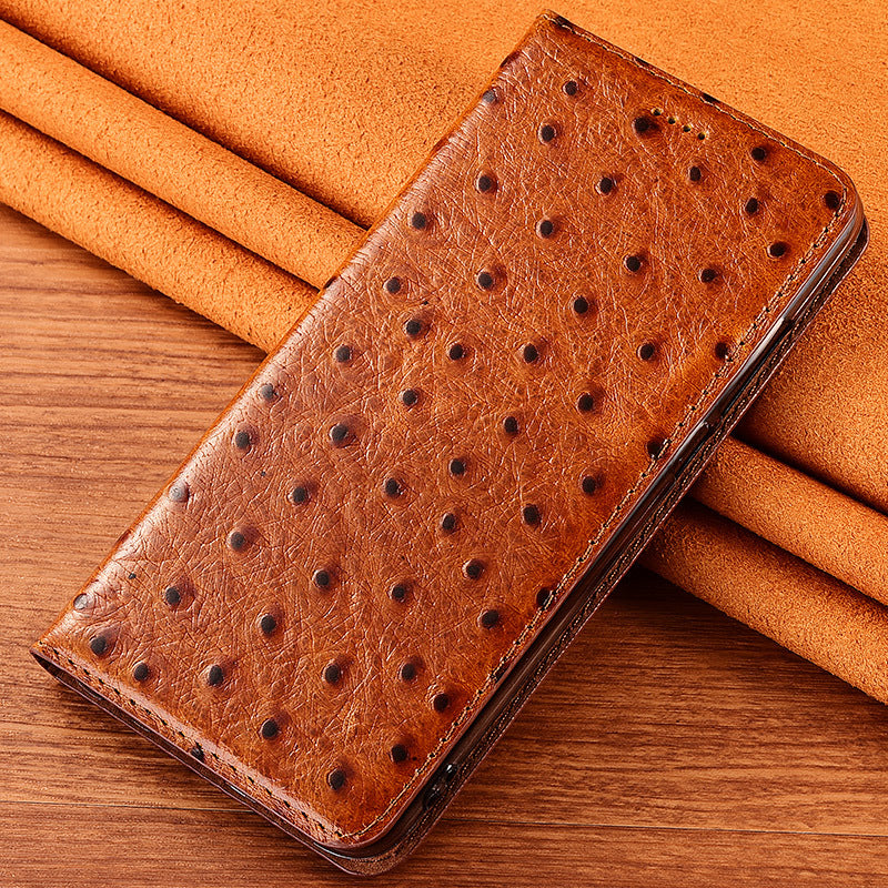 Luxury Genuine Leather Ostrich Texture Flip Case for iPhone 11-16e Series |Top-Grain Leather | High-End Business Wallet Card Slot Holder