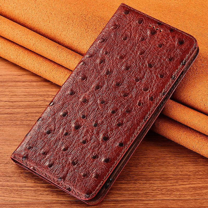 Luxury Genuine Leather Ostrich Texture Flip Case for iPhone 11-16e Series |Top-Grain Leather | High-End Business Wallet Card Slot Holder