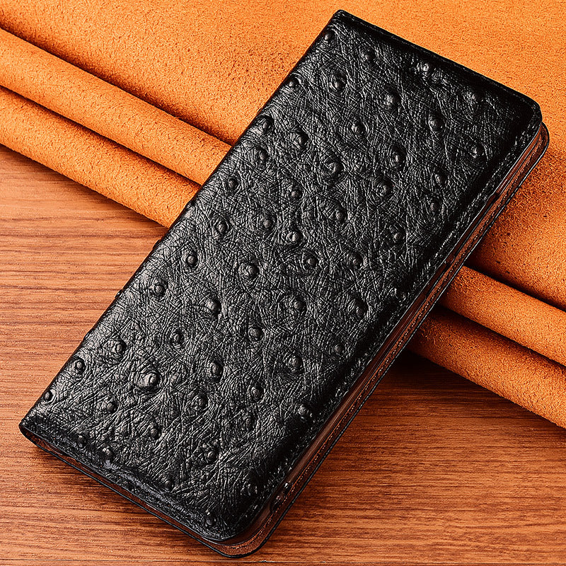 Luxury Genuine Leather Ostrich Texture Flip Case for iPhone 11-16e Series |Top-Grain Leather | High-End Business Wallet Card Slot Holder