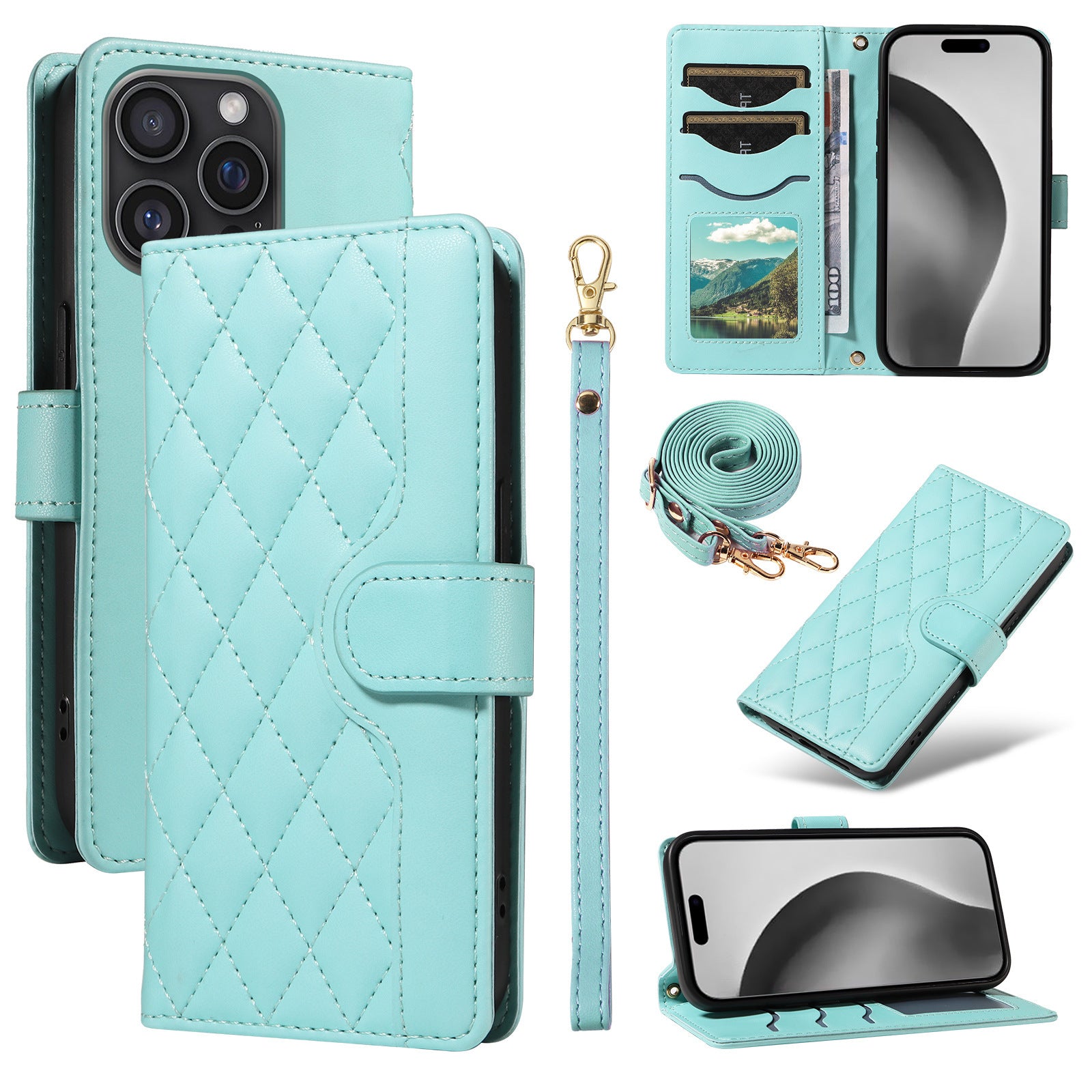 Crossbody Wallet Phone Case Cards Slot Wrist Strap Shockproof Case for iPhone 16 15 14 13 12 11 Pro Plus Pro Max, PU Leather Cover