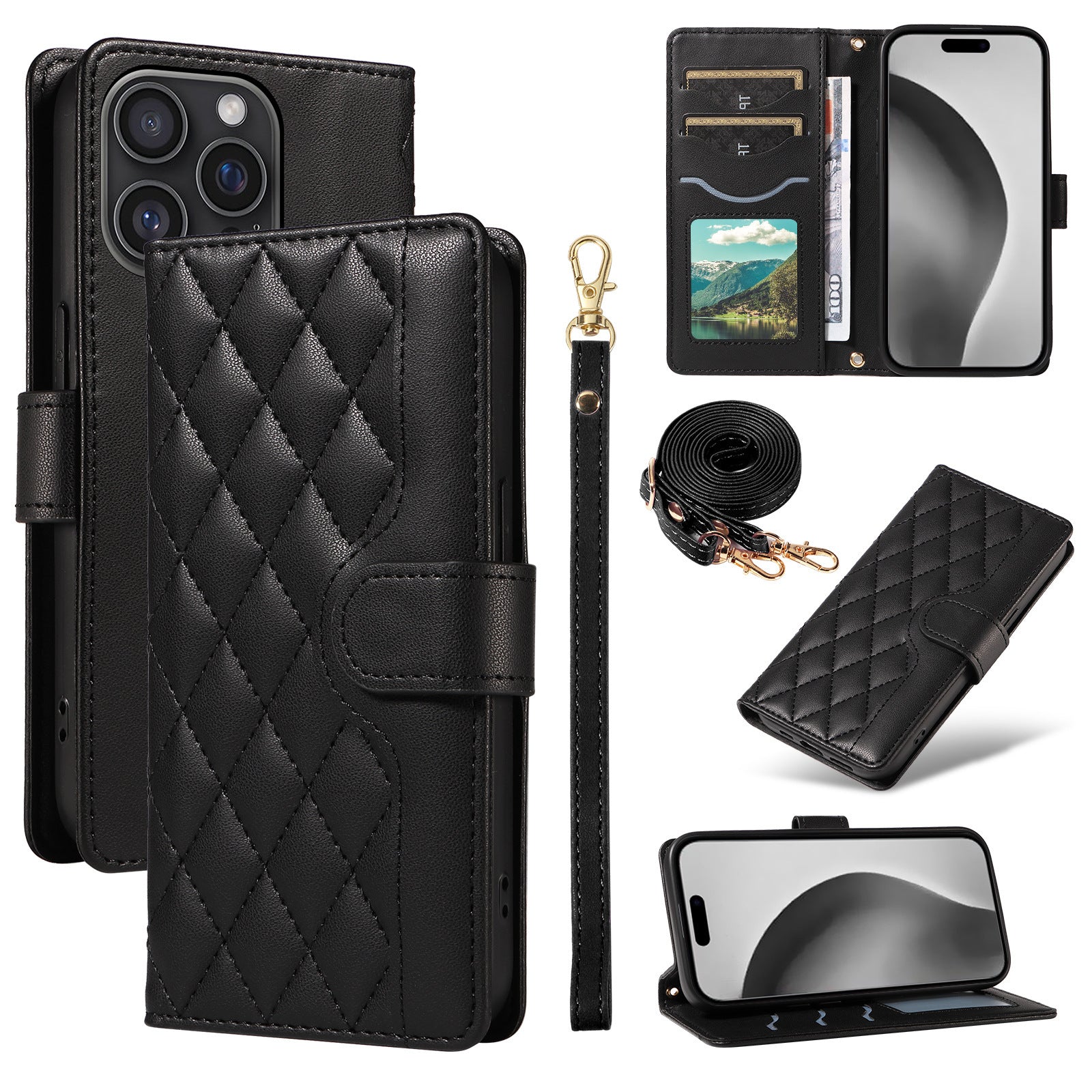 Crossbody Wallet Phone Case Cards Slot Wrist Strap Shockproof Case for iPhone 16 15 14 13 12 11 Pro Plus Pro Max, PU Leather Cover