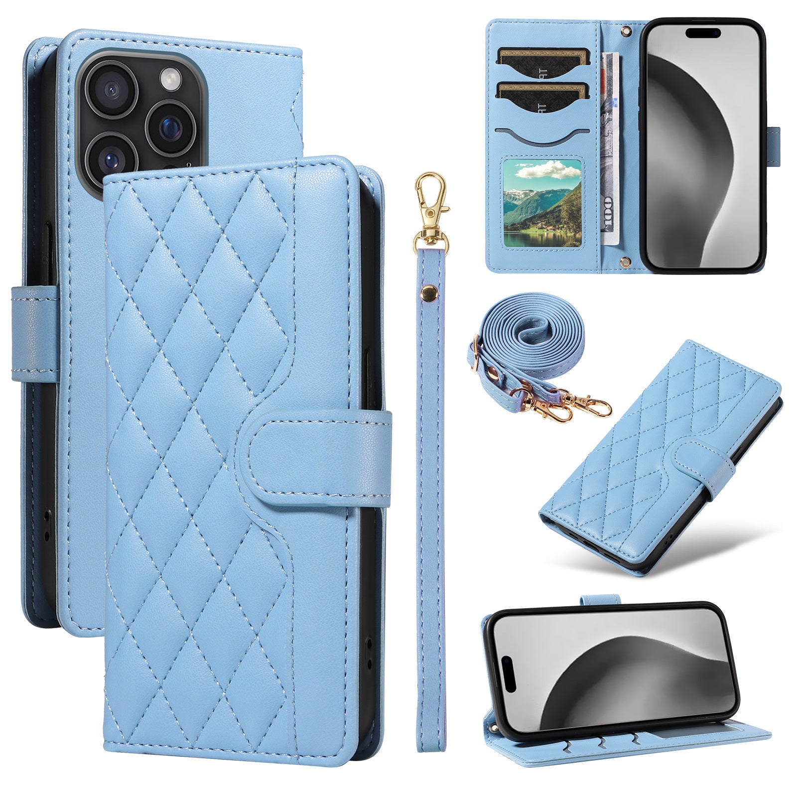 Crossbody Wallet Phone Case Cards Slot Wrist Strap Shockproof Case for iPhone 16 15 14 13 12 11 Pro Plus Pro Max, PU Leather Cover