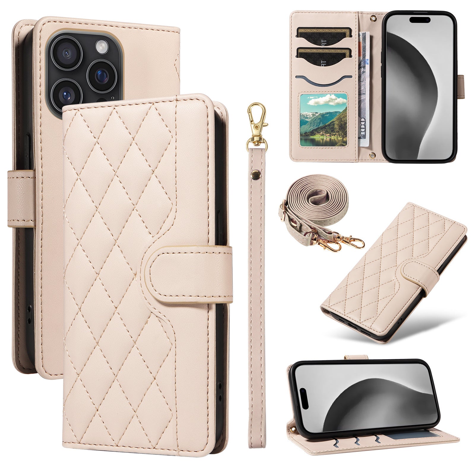 Crossbody Wallet Phone Case Cards Slot Wrist Strap Shockproof Case for iPhone 16 15 14 13 12 11 Pro Plus Pro Max, PU Leather Cover