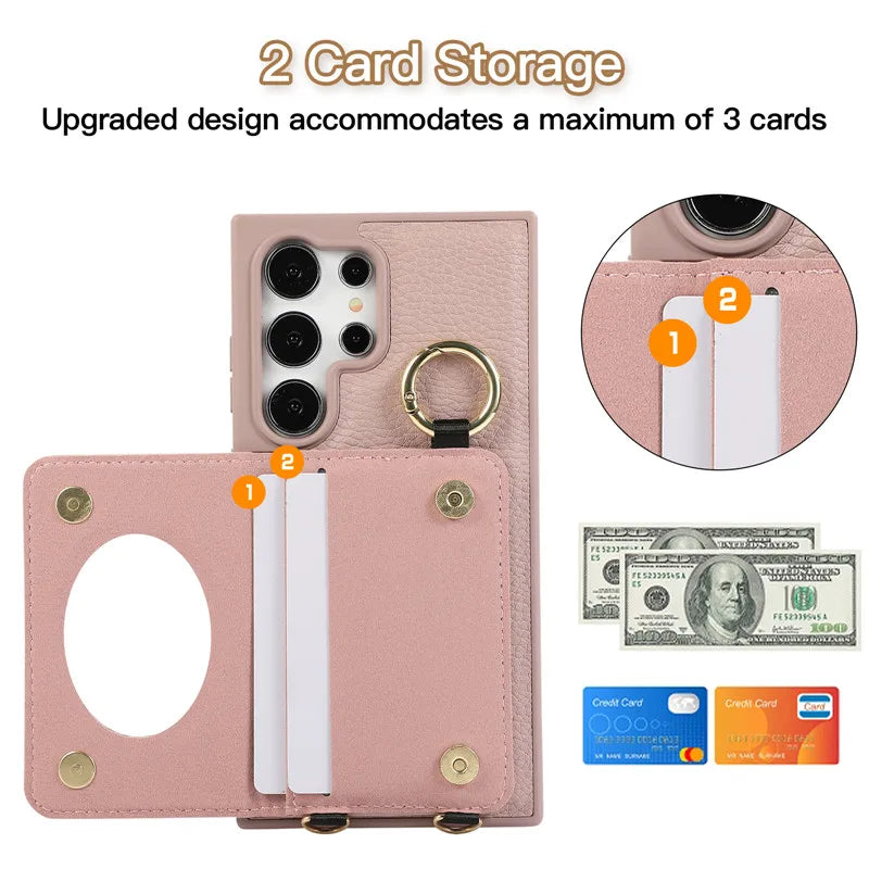 Luxurious Lichee Pattern Card Stand Holder Crossbody Wallet Case for Samsung Galaxy S Series