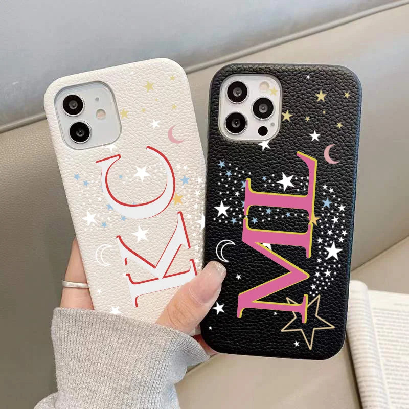 Personalised Initial letters Pebble Grain Leather Case for iphone 11 12 14 13 15 16Pro Max XS Max XR 16 Plus Covers Moon & Stars