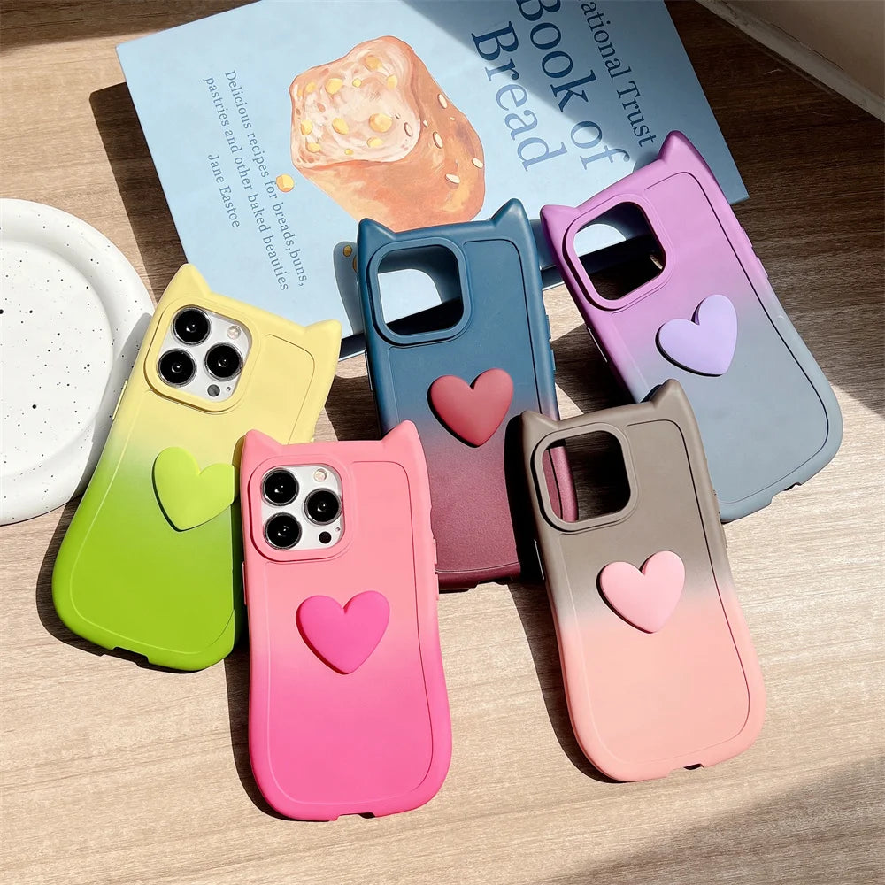 iPhone Case Cute Creative Gradient Cat Ears Heart Love Phone Case for iPhone 15 14 13 12 11 Pro Max Soft TPU Cartoon Protective Back Cover