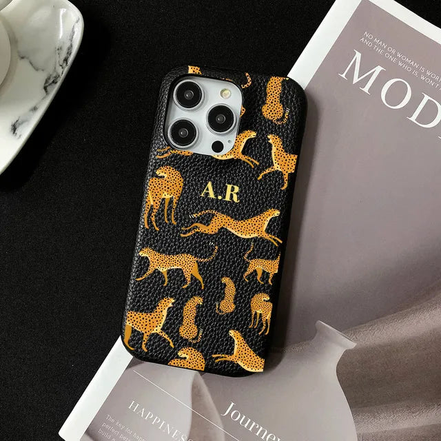 Personalized Initial Letter Pebble Grain Leather Leopard Case for iPhone 11, 12, 13, 14, 15, 16 Pro Max Luxury Hard Cover