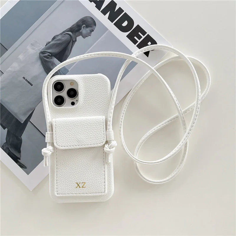 Personalized Gold Silver Letters Leather PU Card Holder Lanyard Hard Case For iPhone 14 13 12 11 15 Pro Max XS XR 16  Plus Cover