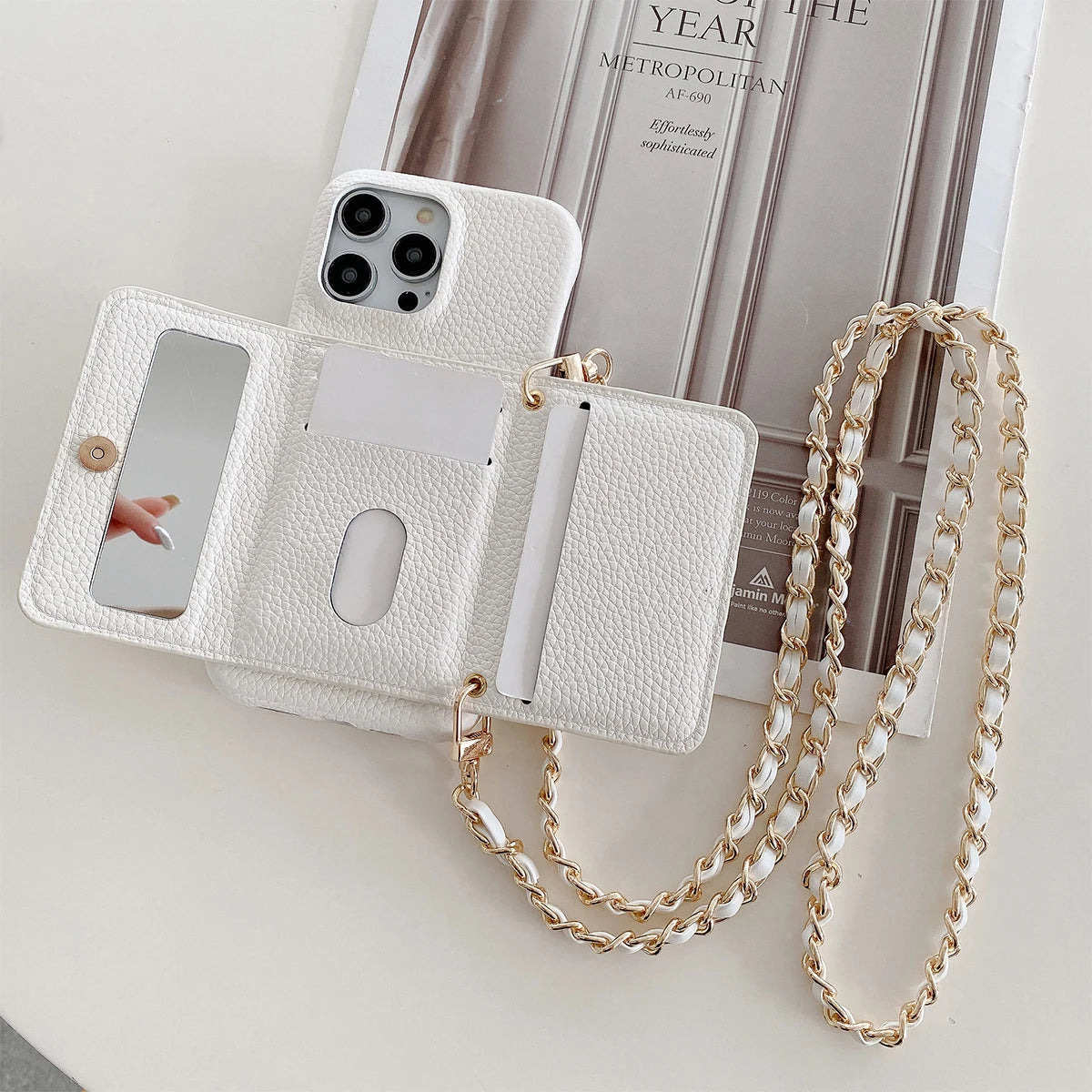 Metal Chain Strap Leather Wallet Phone Case For iPhone Small Mirror Card Holder