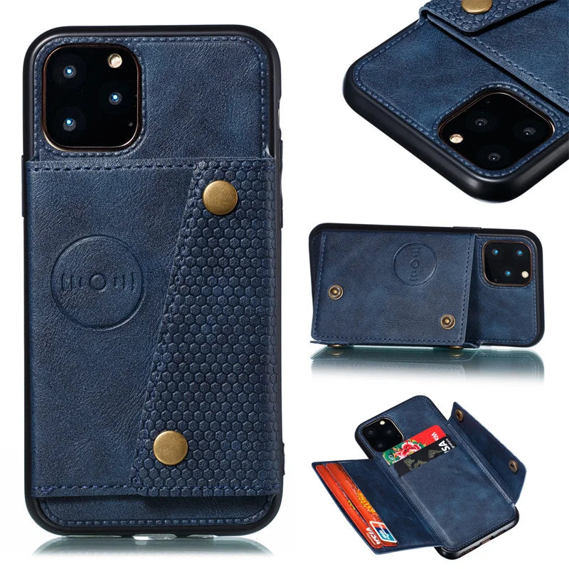 PU Leather Phone Case For iPhone 11-16 Series | Card Slot Holder Wallet | Retro Style