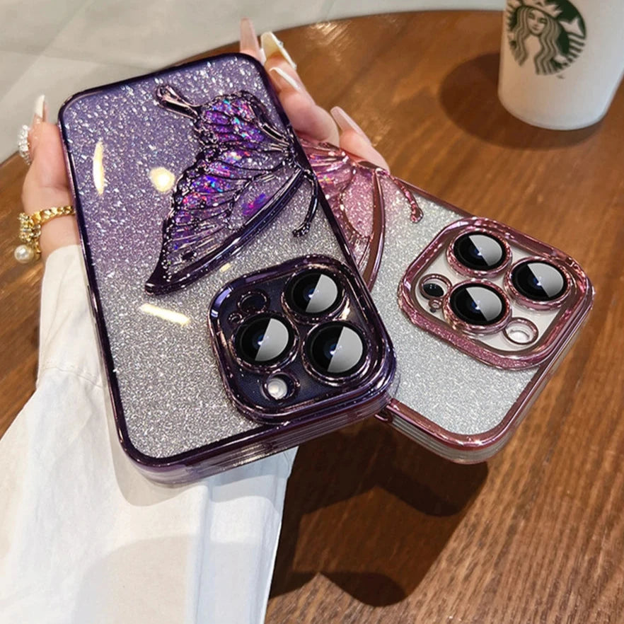 Plating Bumper Flash Glitter Butterfly Phone Case For iPhone Lens Protector Cover