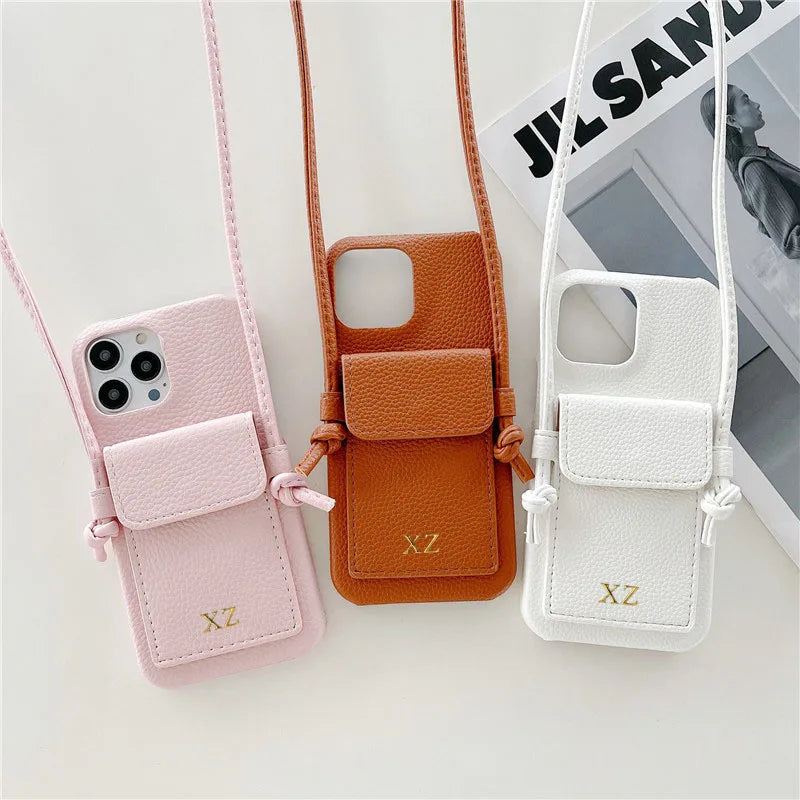 Personalized Gold Silver Letters Leather PU Card Holder Lanyard Hard Case For iPhone 14 13 12 11 15 Pro Max XS XR 16  Plus Cover