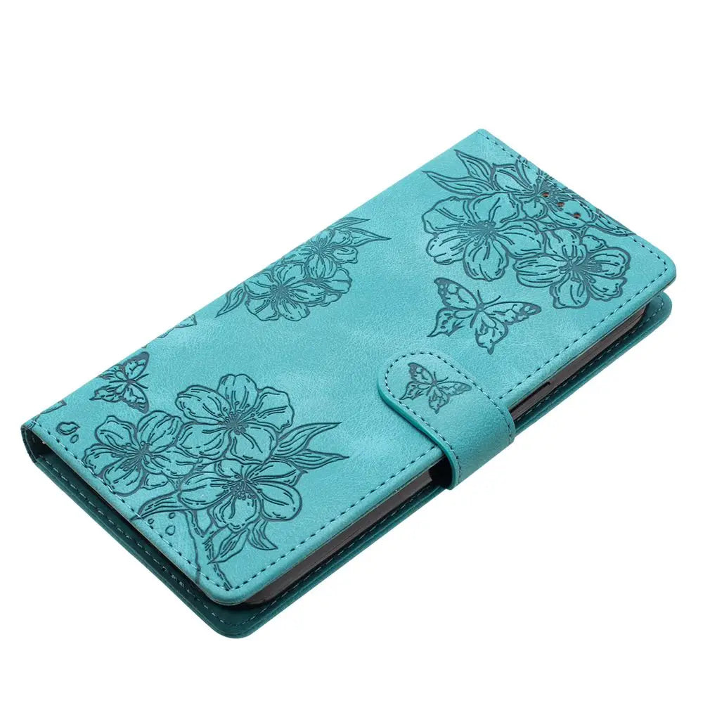 Flower & Butterfly Leather Wallet Flip Phone Case for iPhone 16 15 14 13 12 11 Pro Max Plus Mini X XR – Card Holder, Shockproof, Stand, Magnetic Closure