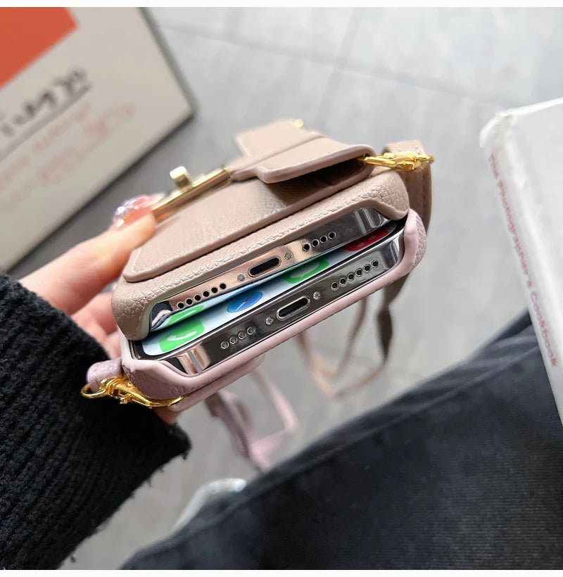 Sweet Multifunctional Lychee Patterned Lock Buckle Long Rope Crossbody Card Bag  Case For iPhone 16 15 14 Plus 13 12 11Pro Max