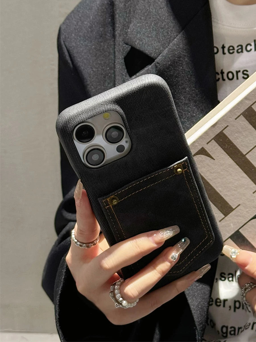 Luxury Denim Leather Card Bag Case For iPhone