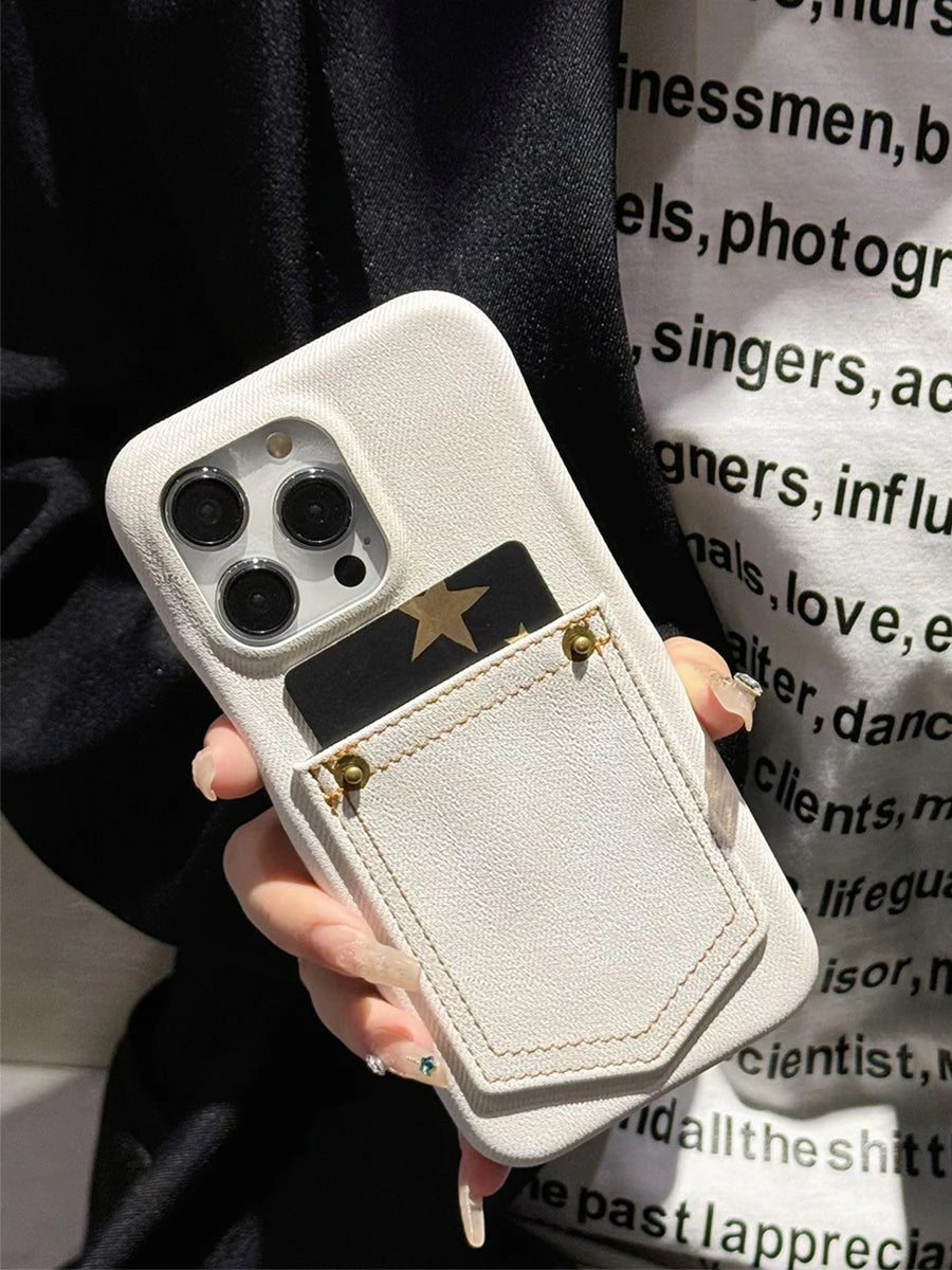 Luxury Denim Leather Card Bag Case For iPhone